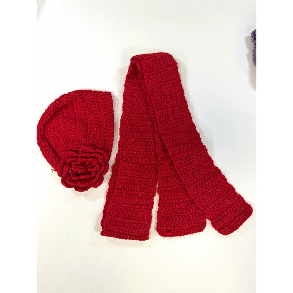 Handmade Crochet Hat Scarf Set 2pc RedBeanie Large Flower Winter Wrap Never Worn